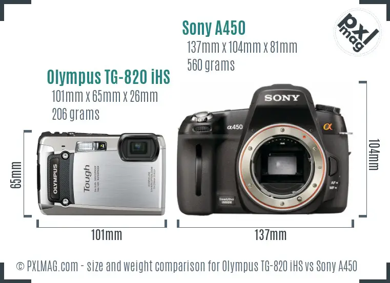 Olympus TG-820 iHS vs Sony A450 size comparison