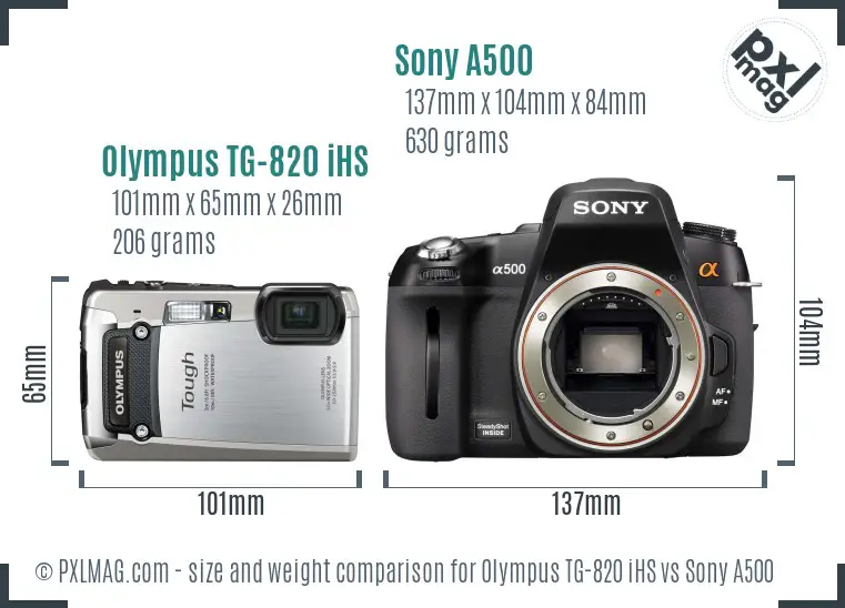 Olympus TG-820 iHS vs Sony A500 size comparison