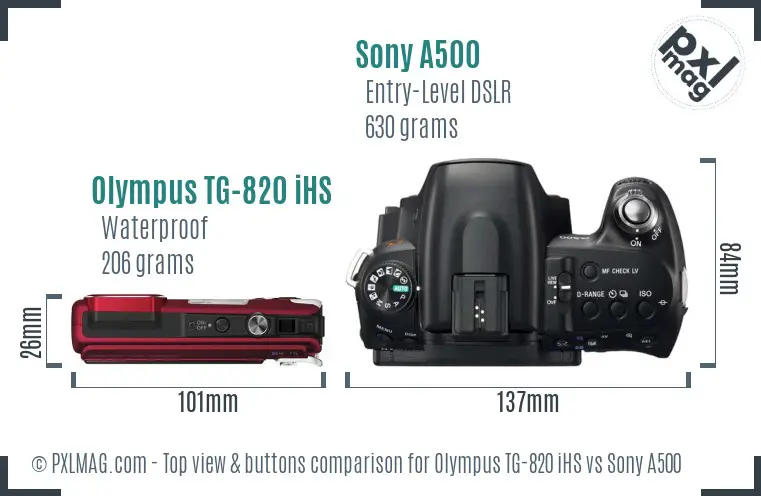 Olympus TG-820 iHS vs Sony A500 top view buttons comparison