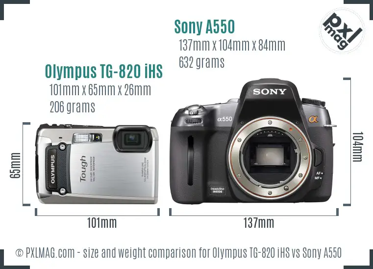 Olympus TG-820 iHS vs Sony A550 size comparison