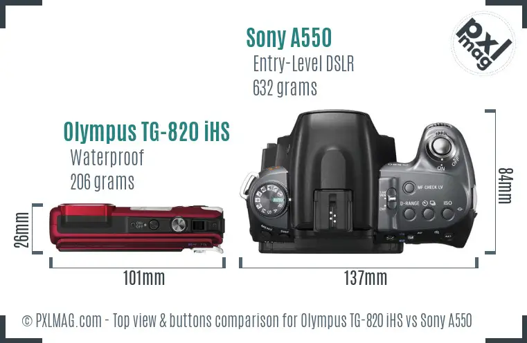 Olympus TG-820 iHS vs Sony A550 top view buttons comparison