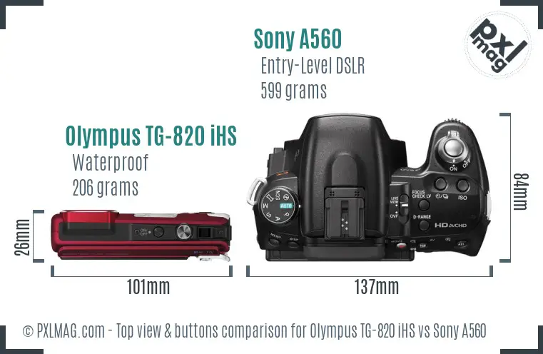 Olympus TG-820 iHS vs Sony A560 top view buttons comparison