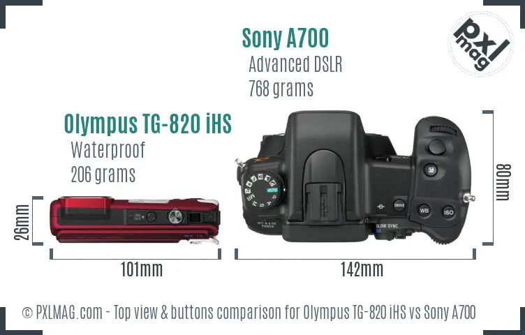 Olympus TG-820 iHS vs Sony A700 top view buttons comparison