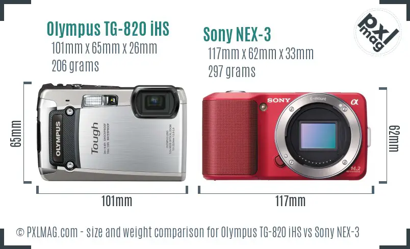 Olympus TG-820 iHS vs Sony NEX-3 size comparison