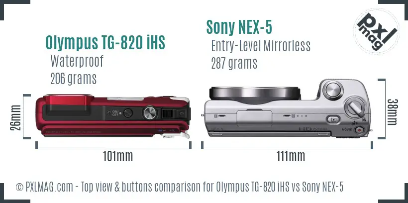 Olympus TG-820 iHS vs Sony NEX-5 top view buttons comparison