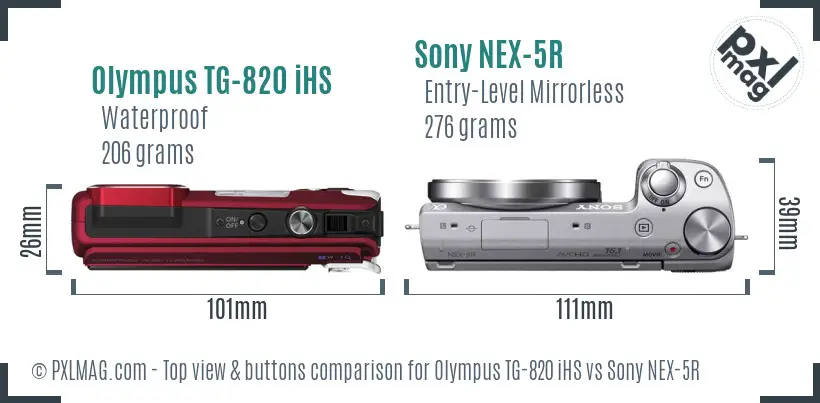Olympus TG-820 iHS vs Sony NEX-5R top view buttons comparison