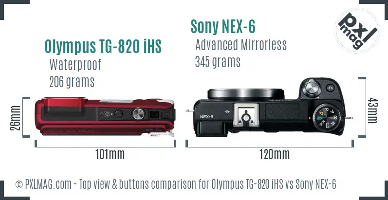 Olympus TG-820 iHS vs Sony NEX-6 top view buttons comparison