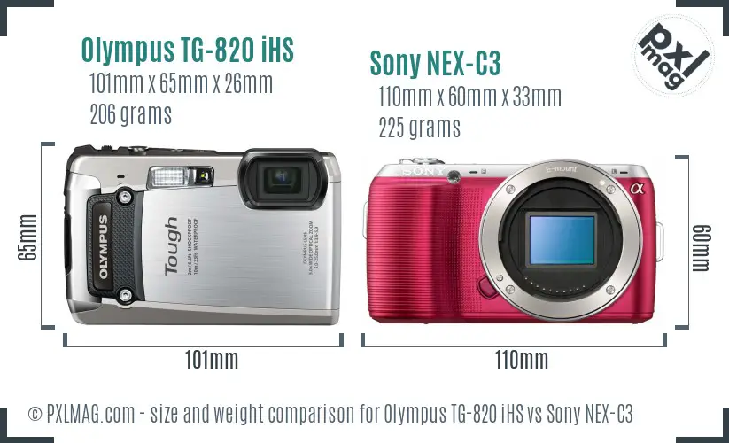 Olympus TG-820 iHS vs Sony NEX-C3 size comparison