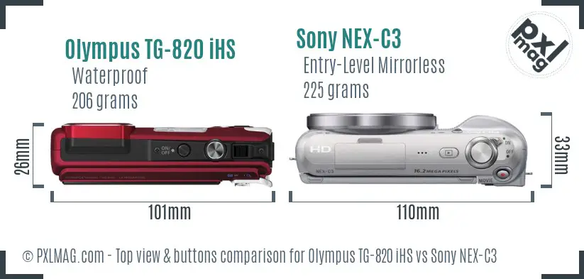 Olympus TG-820 iHS vs Sony NEX-C3 top view buttons comparison
