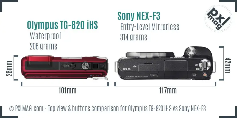 Olympus TG-820 iHS vs Sony NEX-F3 top view buttons comparison