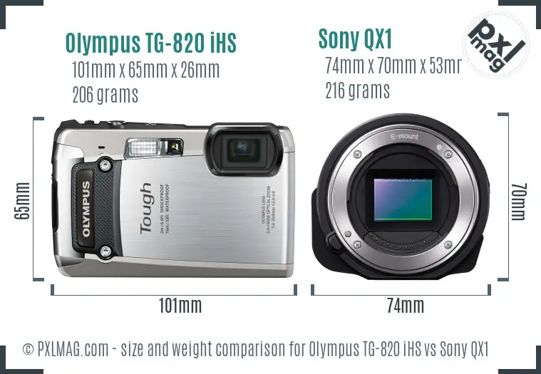 Olympus TG-820 iHS vs Sony QX1 size comparison