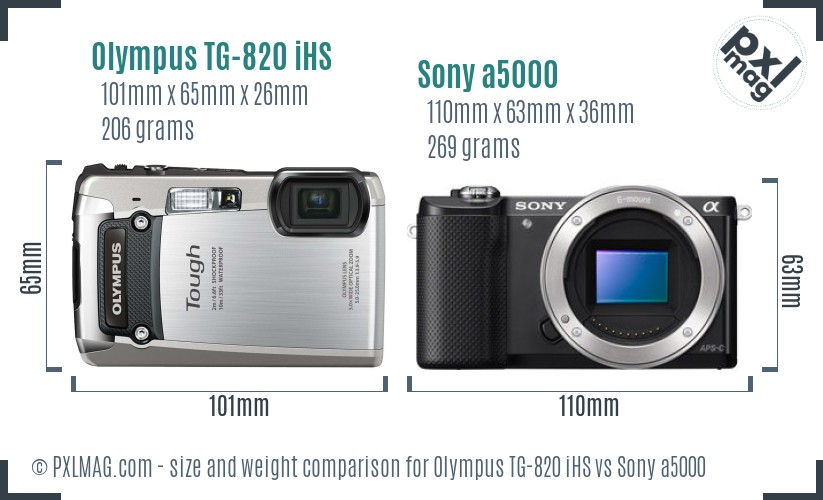 Olympus TG-820 iHS vs Sony a5000 size comparison