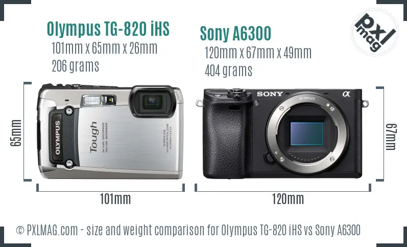 Olympus TG-820 iHS vs Sony A6300 size comparison