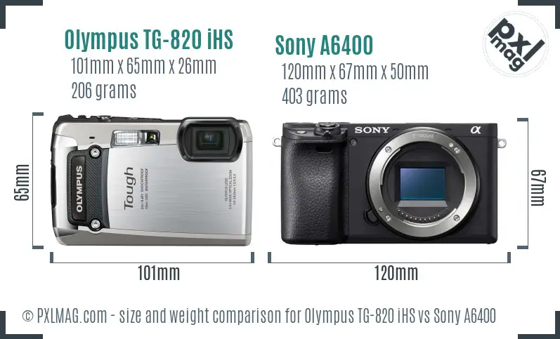 Olympus TG-820 iHS vs Sony A6400 size comparison