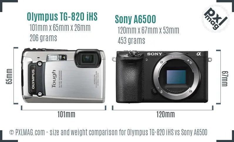 Olympus TG-820 iHS vs Sony A6500 size comparison