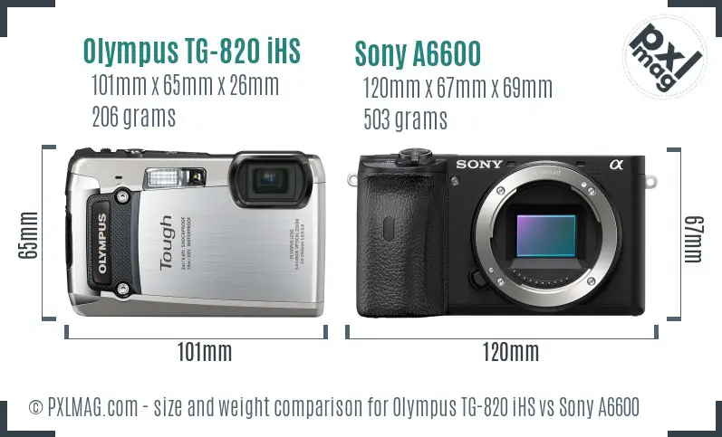 Olympus TG-820 iHS vs Sony A6600 size comparison