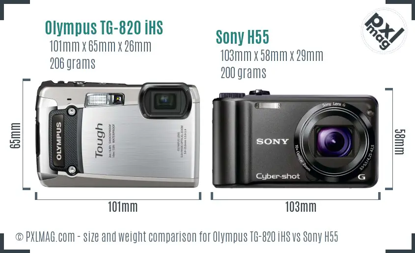 Olympus TG-820 iHS vs Sony H55 size comparison