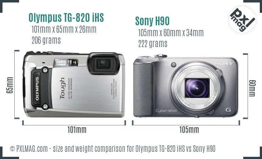 Olympus TG-820 iHS vs Sony H90 size comparison