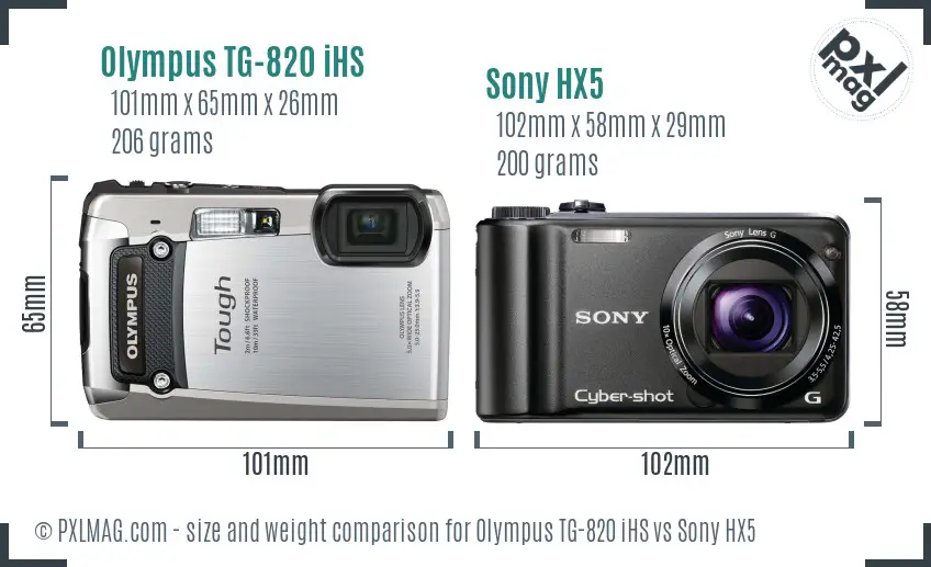 Olympus TG-820 iHS vs Sony HX5 size comparison