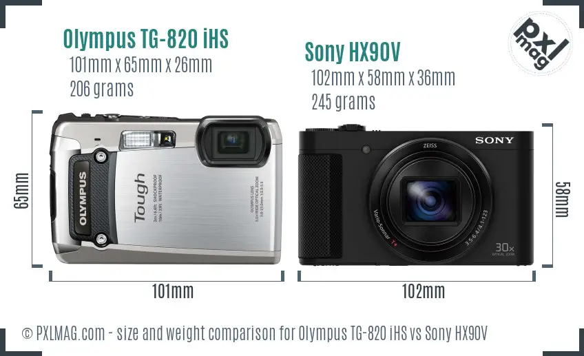 Olympus TG-820 iHS vs Sony HX90V size comparison