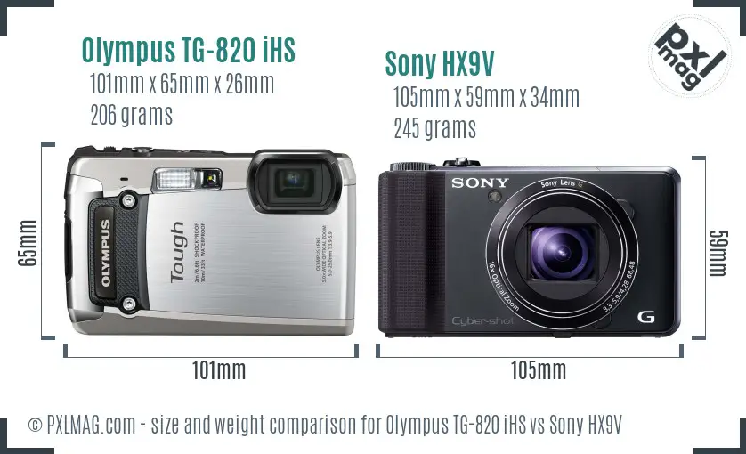 Olympus TG-820 iHS vs Sony HX9V size comparison