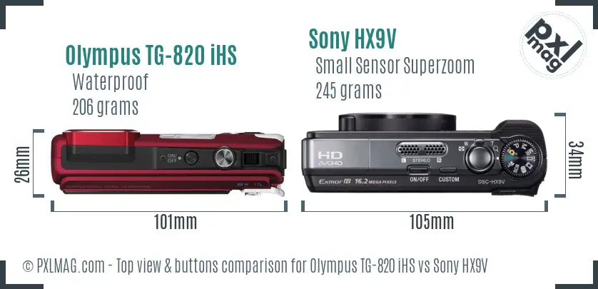 Olympus TG-820 iHS vs Sony HX9V top view buttons comparison