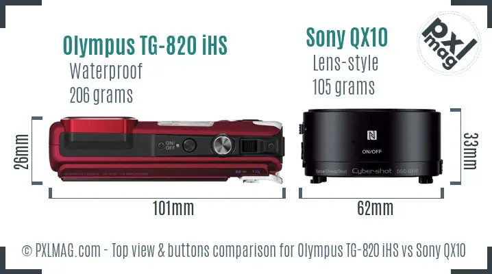 Olympus TG-820 iHS vs Sony QX10 top view buttons comparison