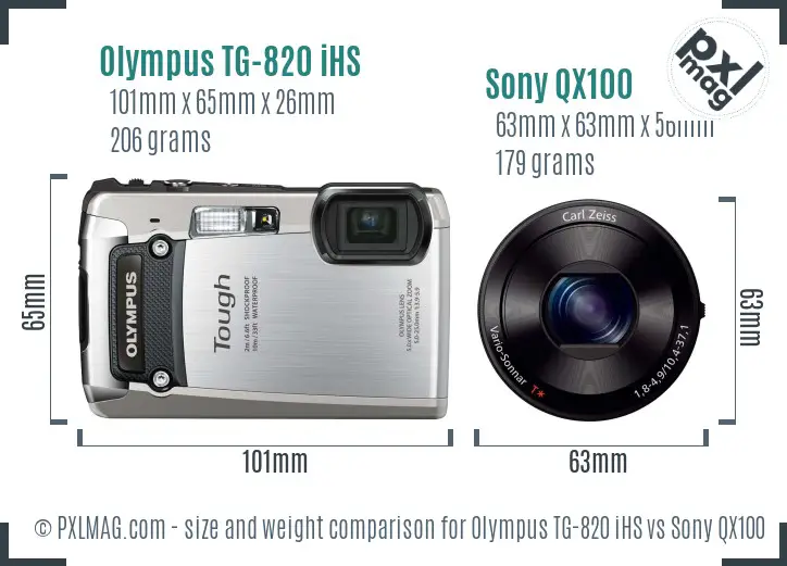 Olympus TG-820 iHS vs Sony QX100 size comparison