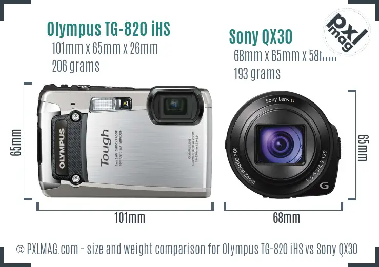 Olympus TG-820 iHS vs Sony QX30 size comparison