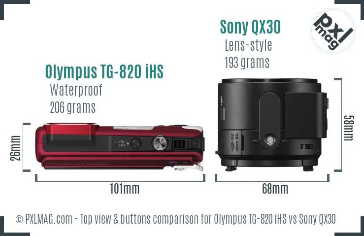 Olympus TG-820 iHS vs Sony QX30 top view buttons comparison