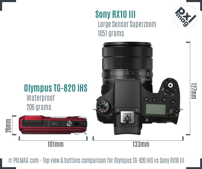 Olympus TG-820 iHS vs Sony RX10 III top view buttons comparison