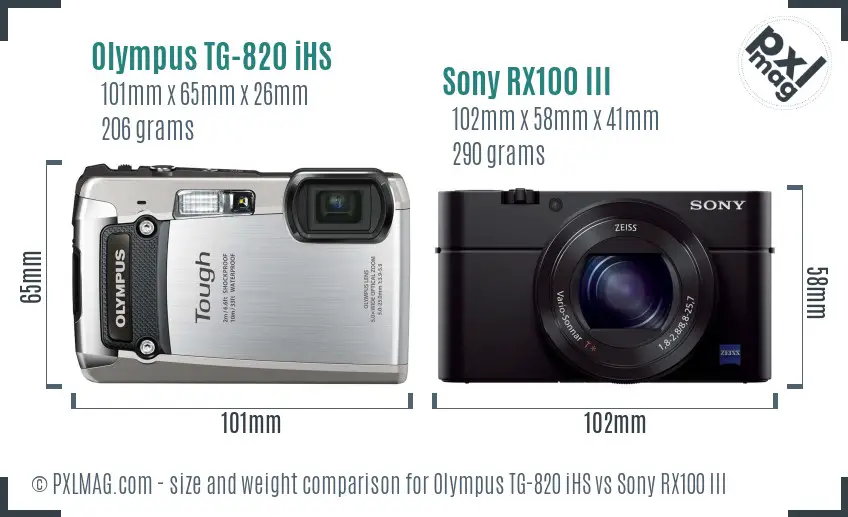 Olympus TG-820 iHS vs Sony RX100 III size comparison