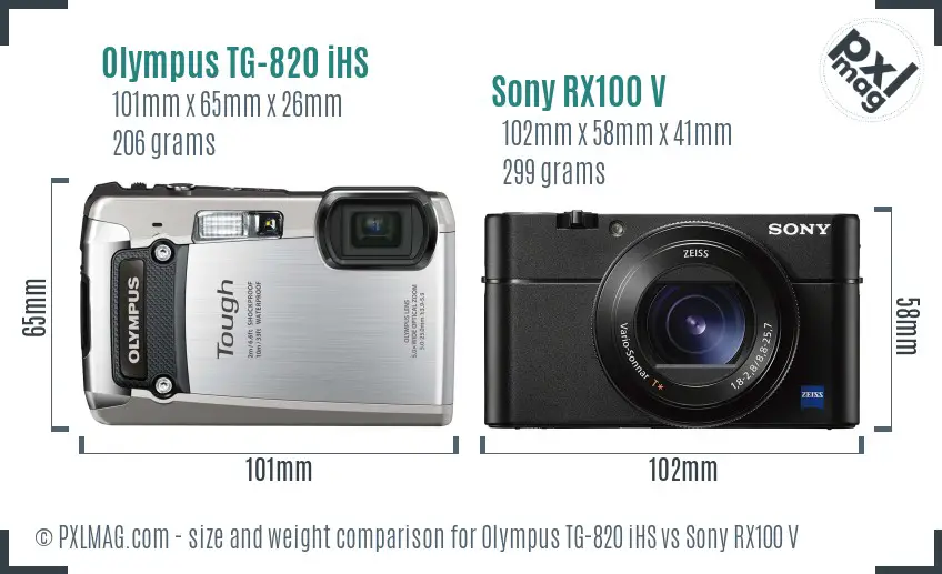 Olympus TG-820 iHS vs Sony RX100 V size comparison
