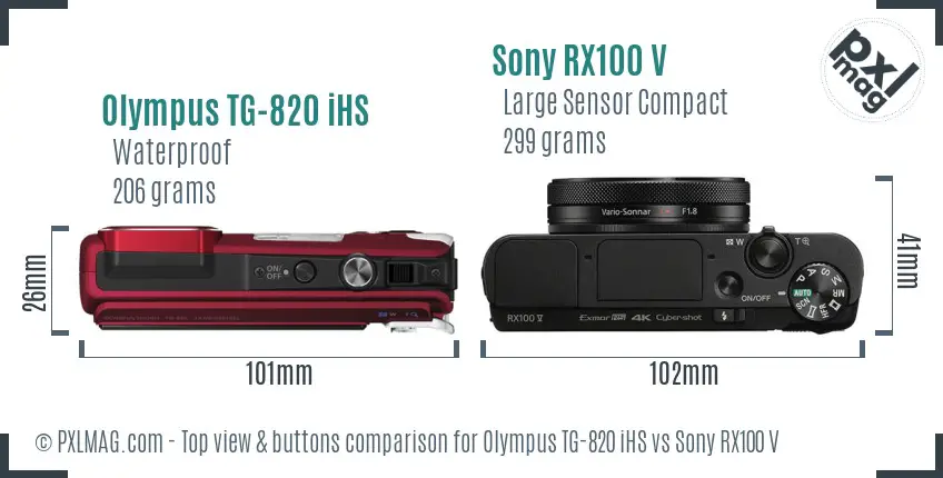 Olympus TG-820 iHS vs Sony RX100 V top view buttons comparison