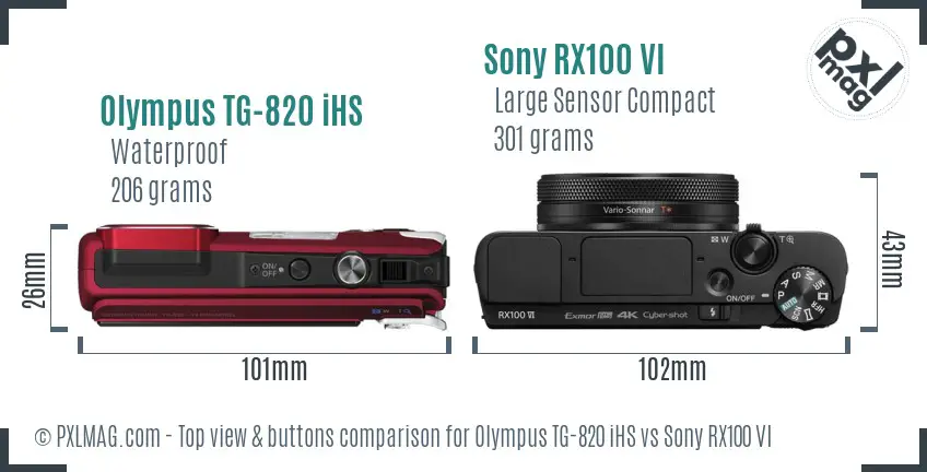 Olympus TG-820 iHS vs Sony RX100 VI top view buttons comparison