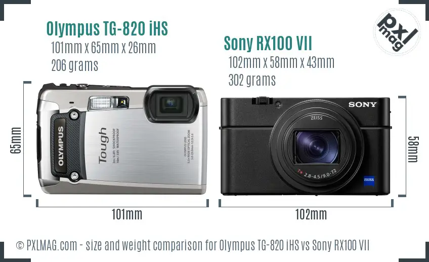 Olympus TG-820 iHS vs Sony RX100 VII size comparison