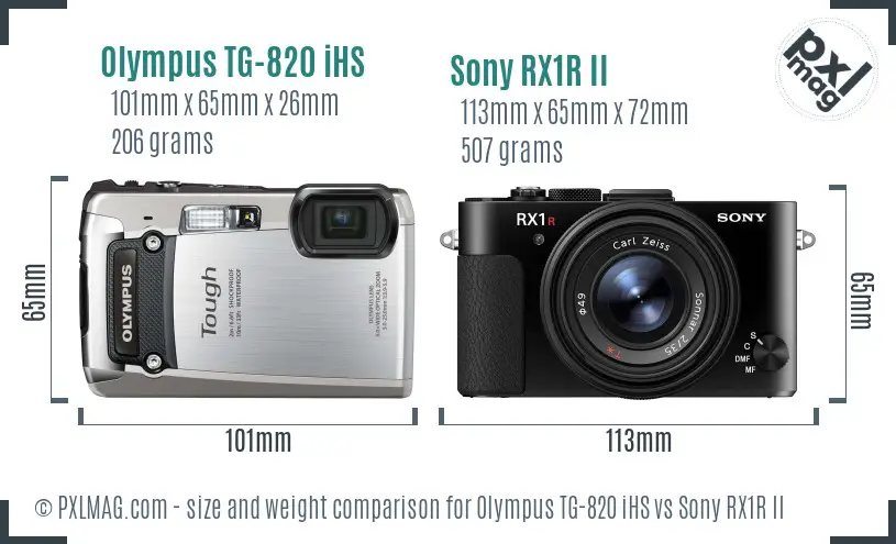 Olympus TG-820 iHS vs Sony RX1R II size comparison