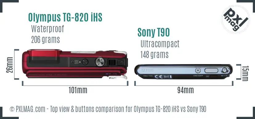 Olympus TG-820 iHS vs Sony T90 top view buttons comparison