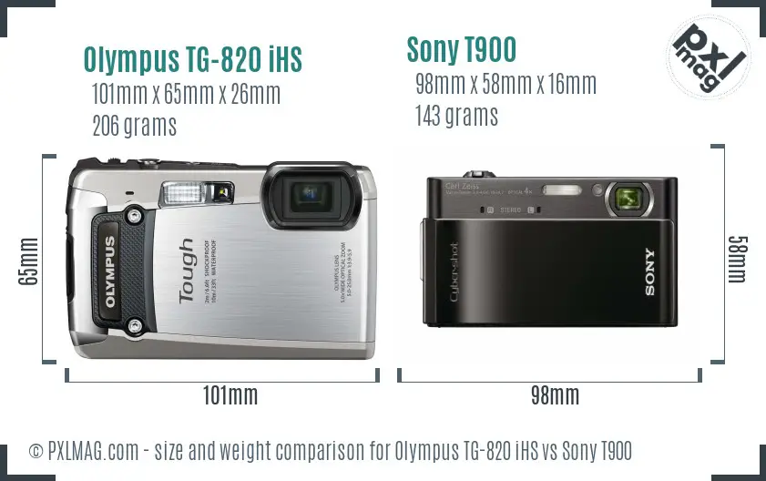 Olympus TG-820 iHS vs Sony T900 size comparison