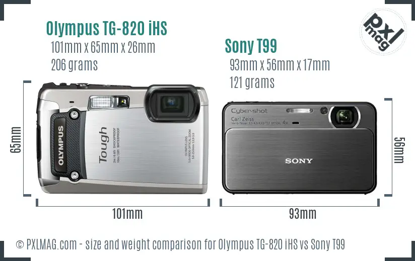 Olympus TG-820 iHS vs Sony T99 size comparison