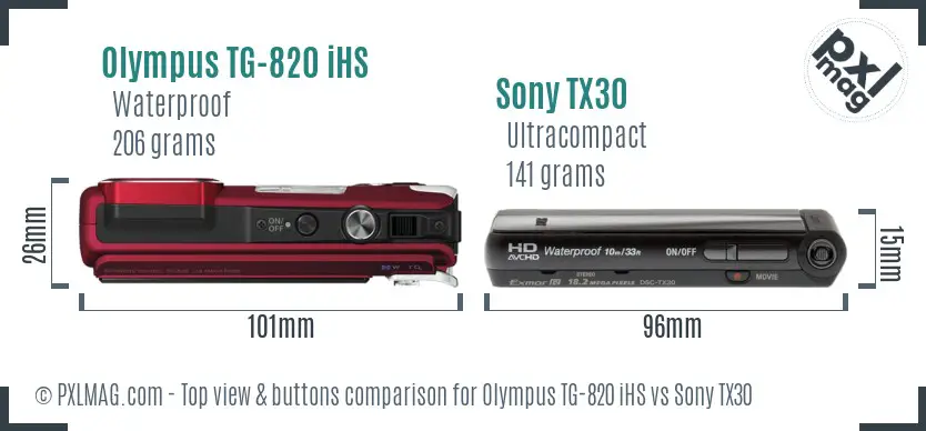 Olympus TG-820 iHS vs Sony TX30 top view buttons comparison