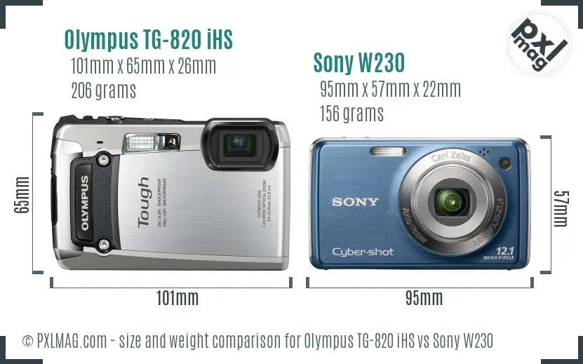 Olympus TG-820 iHS vs Sony W230 size comparison