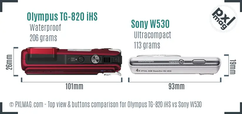 Olympus TG-820 iHS vs Sony W530 top view buttons comparison Olympus TG-820 iHS vs Sony W530 top view buttons comparison