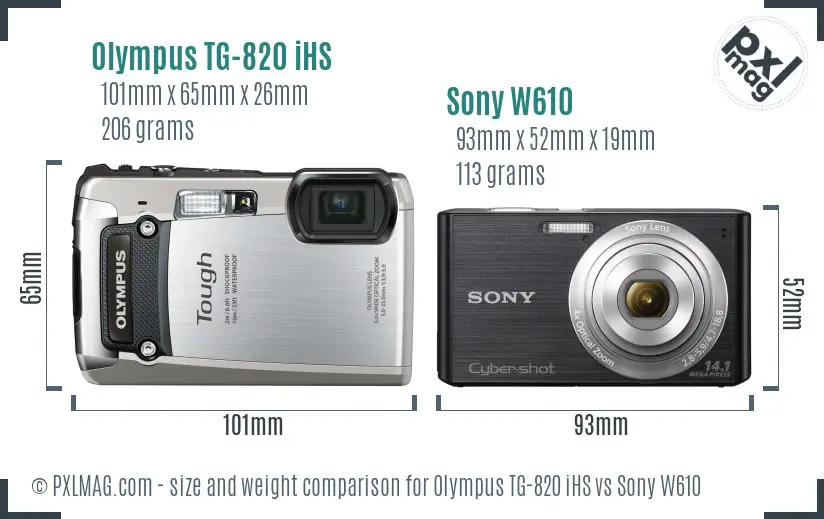 Olympus TG-820 iHS vs Sony W610 size comparison