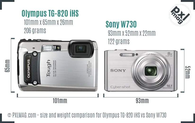 Olympus TG-820 iHS vs Sony W730 size comparison