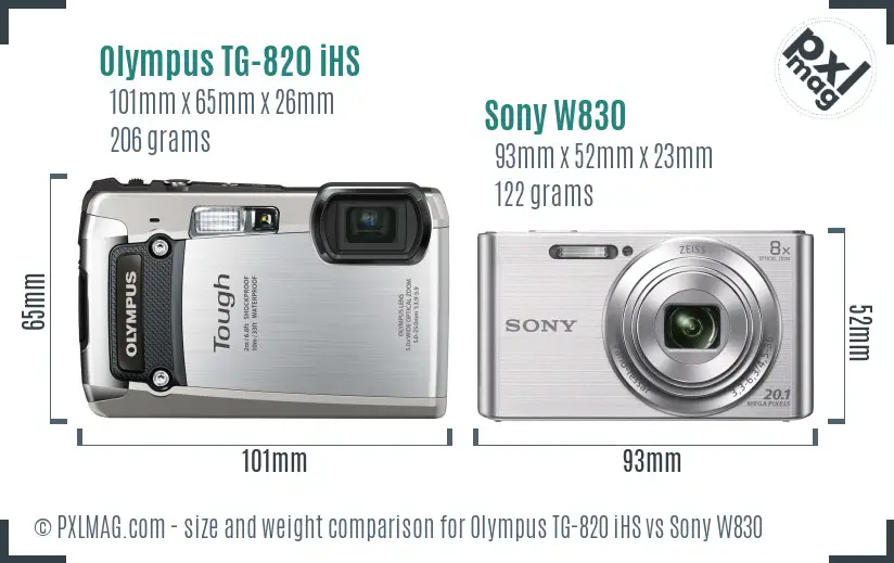 Olympus TG-820 iHS vs Sony W830 size comparison