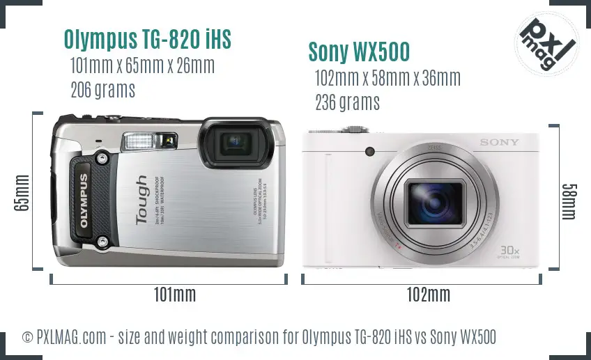 Olympus TG-820 iHS vs Sony WX500 size comparison