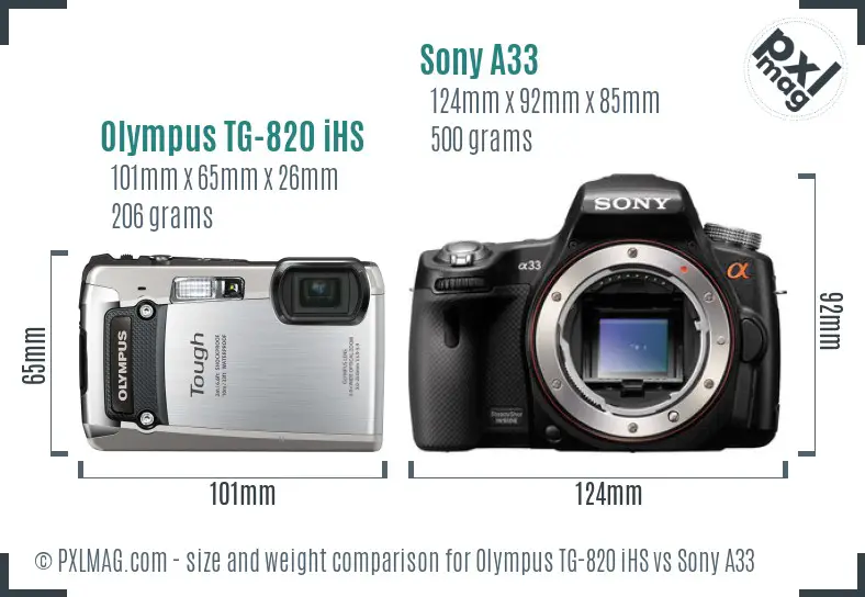 Olympus TG-820 iHS vs Sony A33 size comparison