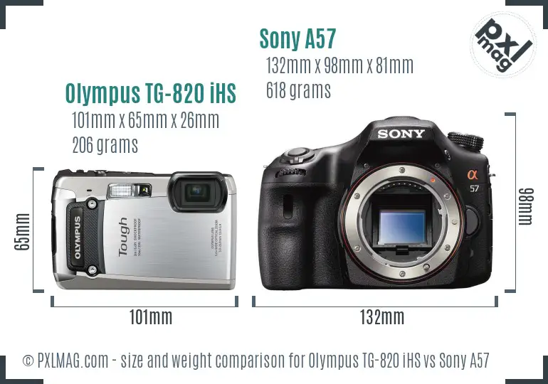 Olympus TG-820 iHS vs Sony A57 size comparison