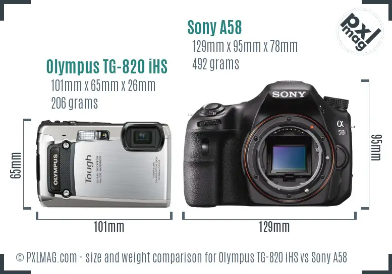 Olympus TG-820 iHS vs Sony A58 size comparison